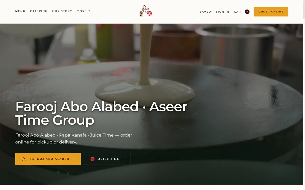 The Farooj Abo Alabed storefront built on Zayos, showing the restaurant's own menu navigation, its name, and an Order Online button